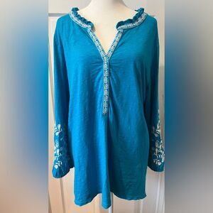 Talbots Embroidered Floral Blouse 3/4 Sleeves Blue White Size XL 100% Cotton